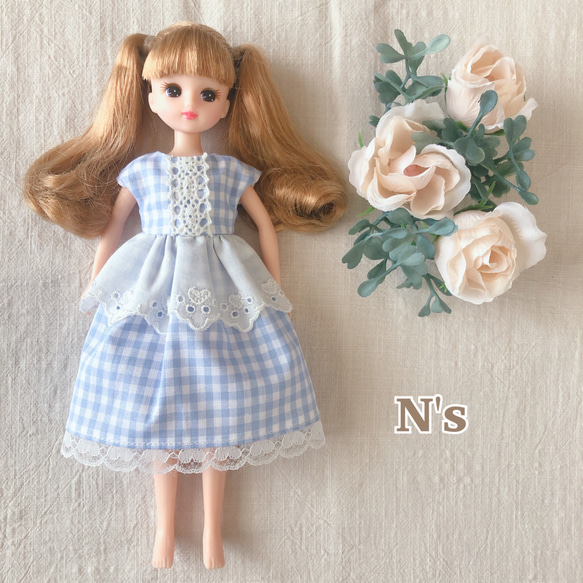22cmドール用 メイド風ブルーチェックワンピース リカちゃん 服