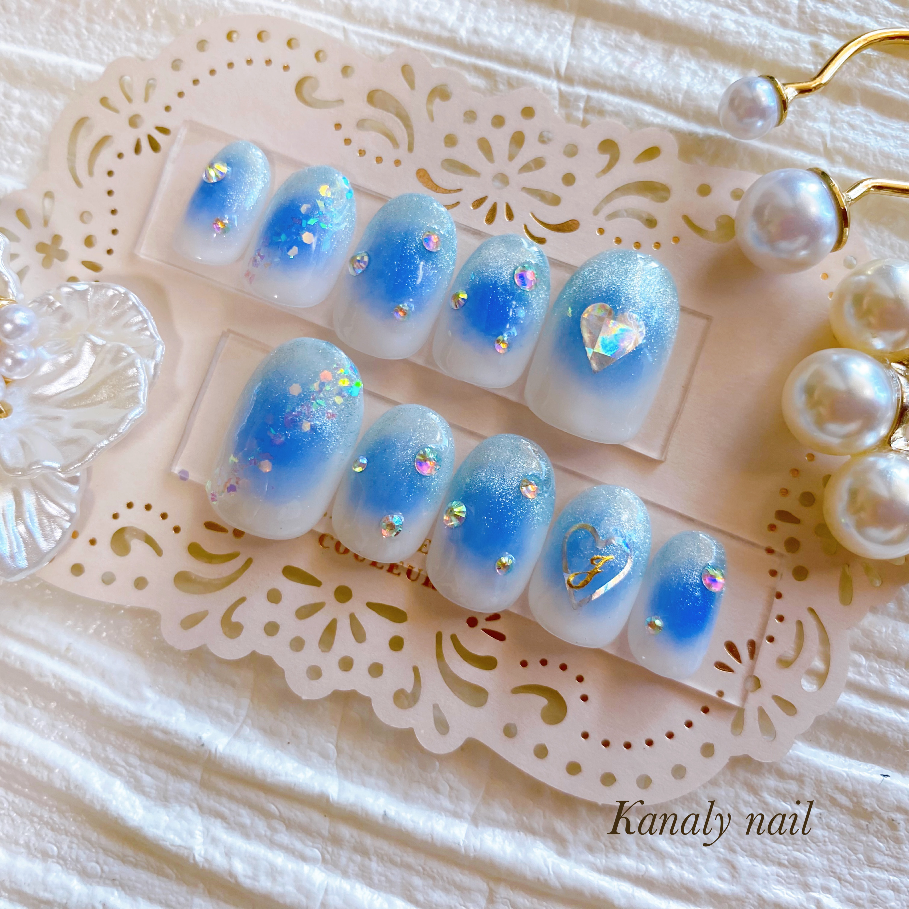 ネイルチップ マグネット オーダー 青 推し 蝶々 フレンチ ガーリー ブルー