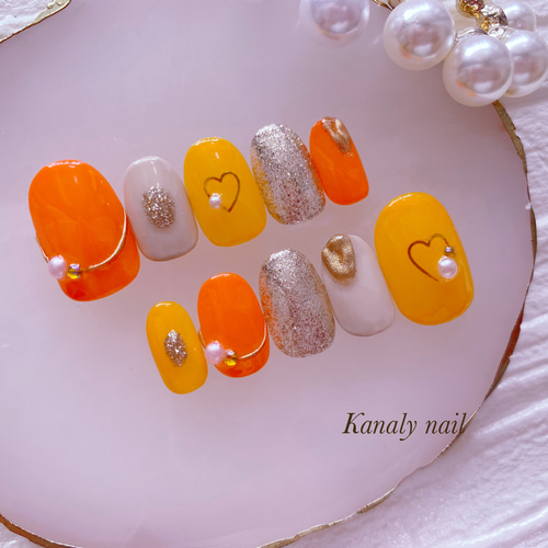 オーダー制】メンバーカラー オレンジ ハート ニュアンス ネイルチップ  