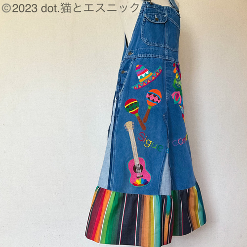 心のままに】刺繍 デニム オーバーオール リメイク スカート