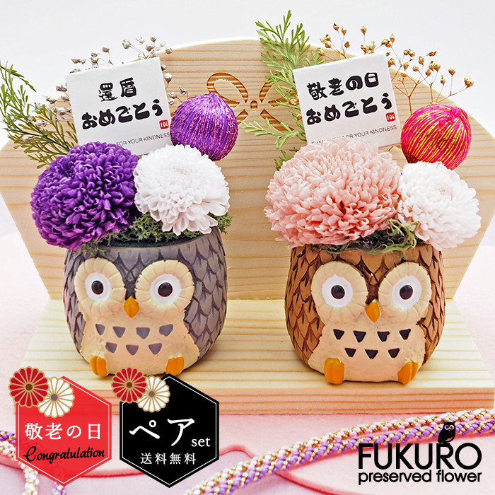 敬老の日 プレゼント ふくろうプリザーブドフラワー(ペアセット)   おばあちゃん おじいちゃん フクロウ お花