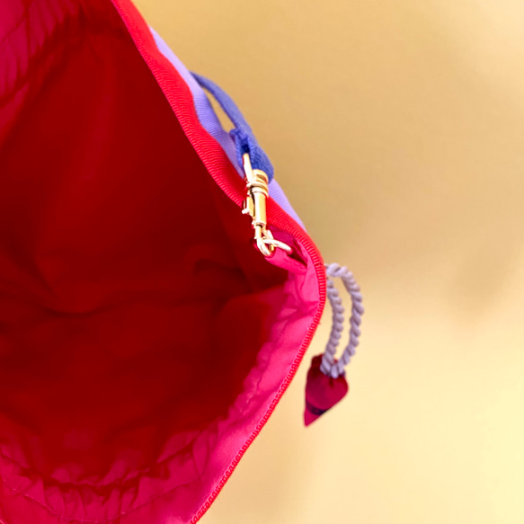 2wayドローストリングバッグ【手織り】ミニショルダー 赤×パープルミックス 8枚目の画像