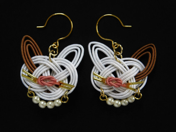 Mizuhiki 印花布貓耳環 耳朵顏色: 棕色 耳環/耳環 第4張的照片