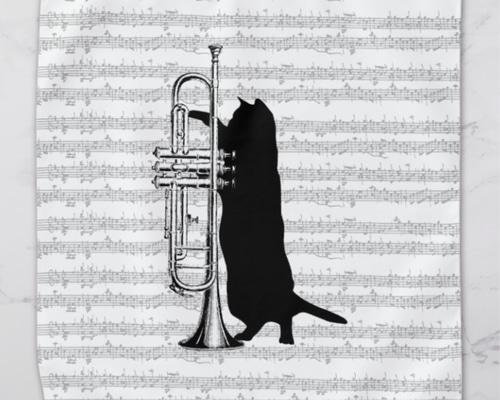 個性的 トランペットと黒猫の音楽モチーフのタオルハンカチ‍ 楽器好き