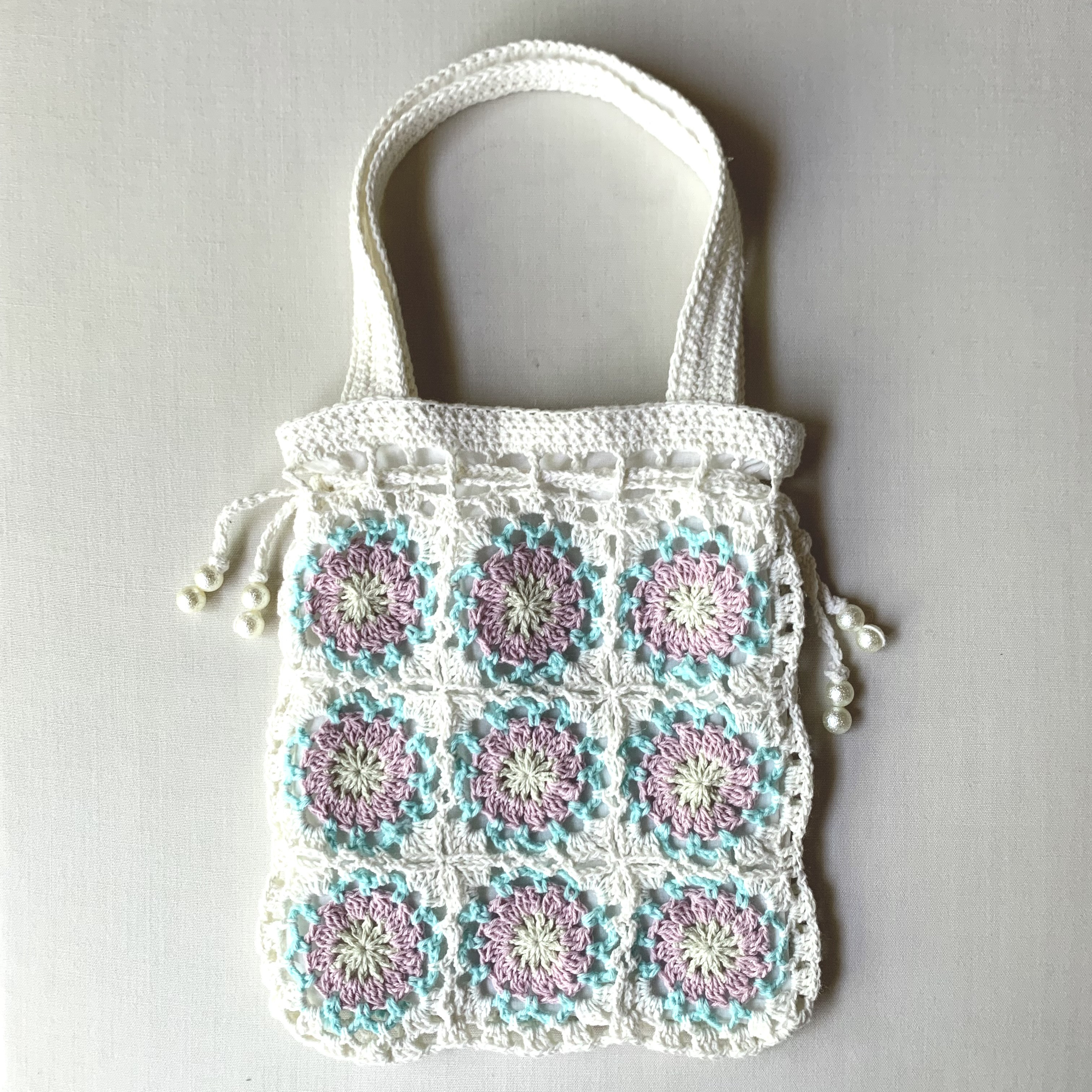 コットン100%糸　モチーフ編みの巾着トート　ミニトートバッグ　かぎ針編み　かぎ針