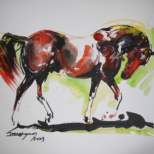 赤い馬2023(墨絵、墨、水彩、アクリル、パステル、高級水彩画用紙