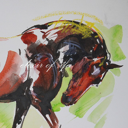 赤い馬2023(墨絵、墨、水彩、アクリル、パステル、高級水彩画用紙