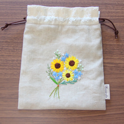 抽繩袋向日葵花束手工刺繡 第4張的照片