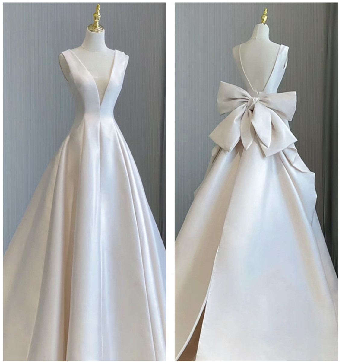 バックオープン ウェディングドレス リボン Vネック プリンセス