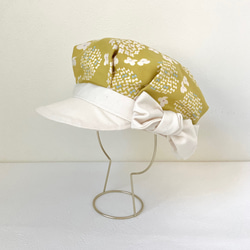 ベビーキッズの帽子　お花とリボンのキャスケット　グリーン（こどもサイズ　日差し対策） 1枚目の画像