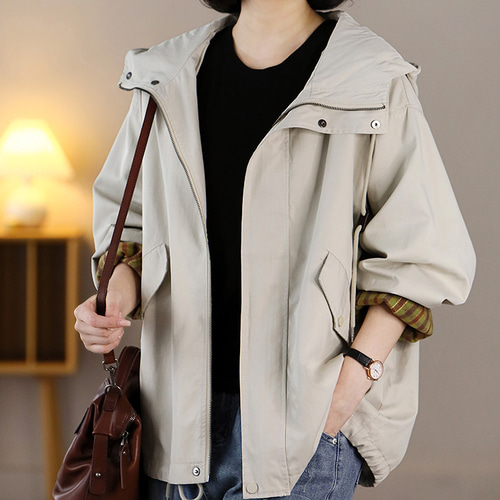 試着のみチェック柄スプリングコートパーカーウインドブレーカーフード付き