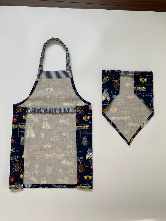 昆虫柄☆130〜140こどもエプロン、三角巾、巾着3点セット　 3枚目の画像