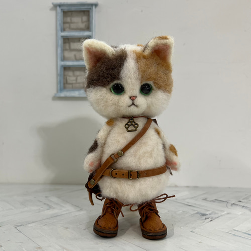 猫のぬいぐるみ 帽子と眼鏡付き うさみみ帽子のごーぐるにゃんこ 羊毛フェルト ぶさかわねこ