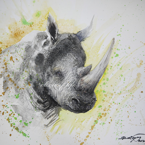 サイ(墨絵、墨、水彩、高級水彩画用紙46cm×38cm) 絵画 サイ(墨絵、墨、水彩、高級水彩画用紙46cm×38cm) 絵画