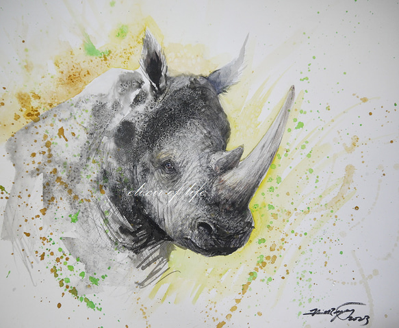 サイ(墨絵、墨、水彩、高級水彩画用紙46cm×38cm) 絵画