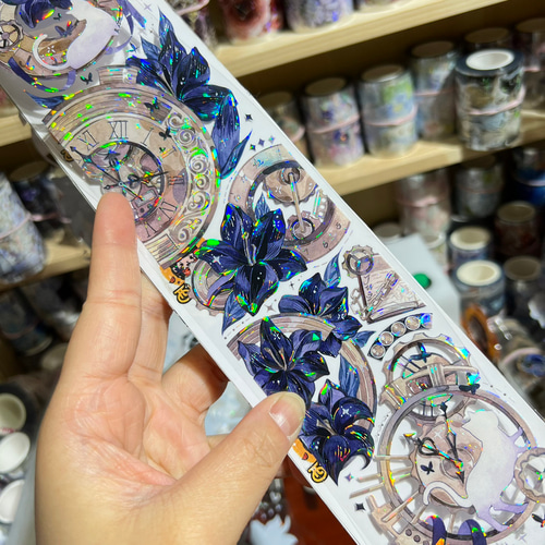 海外PETテープ 切り売り 花 歯車と黒い花 時の魔法猫 海外マステ