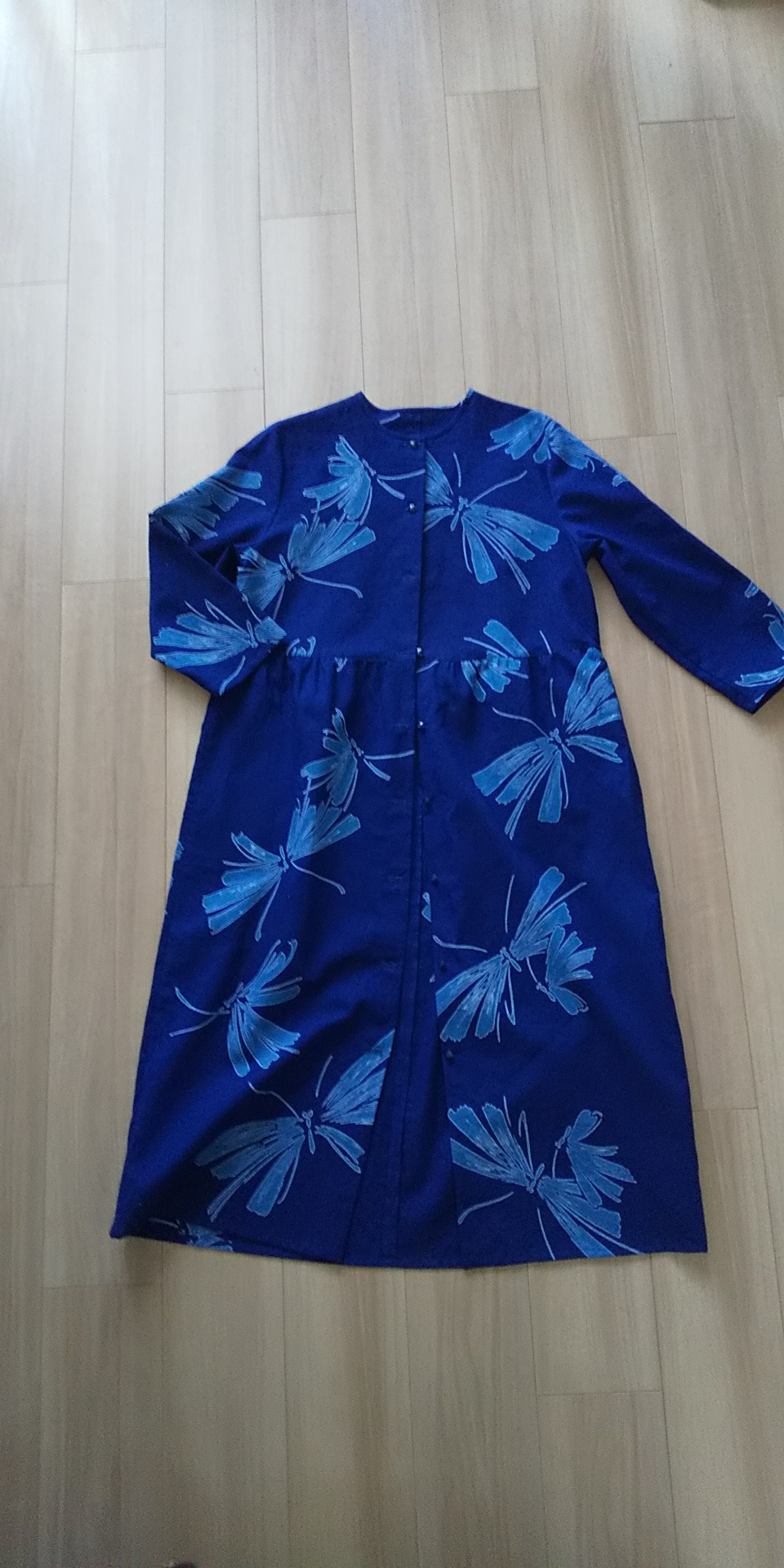 ギャザーワンピース  羽織もの　浴衣地　綿 ウェスト切り替え 紺地