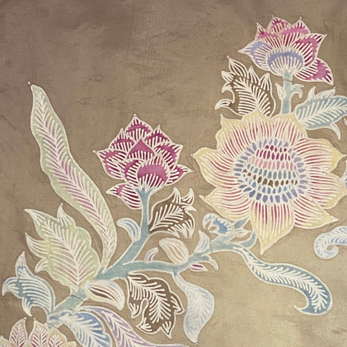 草木染め&ろうけつ染め 絹スカーフ 手描き 和更紗模様 Batik