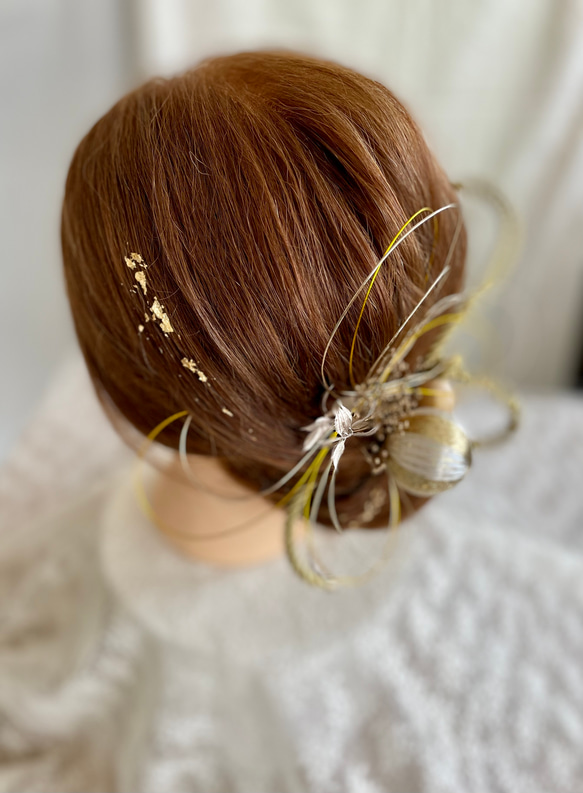 結婚式　成人式用　水引×玉飾り×金箔セット　ドライフラワー髪飾り 5枚目の画像
