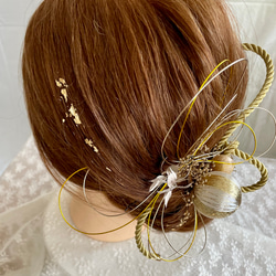 結婚式　成人式用　水引×玉飾り×金箔セット　ドライフラワー髪飾り 2枚目の画像