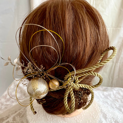 結婚式　成人式用　水引×玉飾り×金箔セット　ドライフラワー髪飾り 4枚目の画像