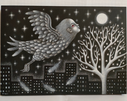 絵 絵画 アクリル画 木製パネル 夜空 月 6b36131eb20113710602e61b07d280