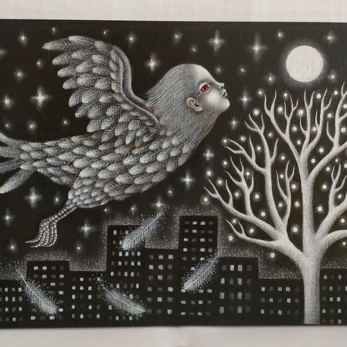 月がきれいな夜」アクリル画 A4 木製パネル 絵画 田尻絵理奈
