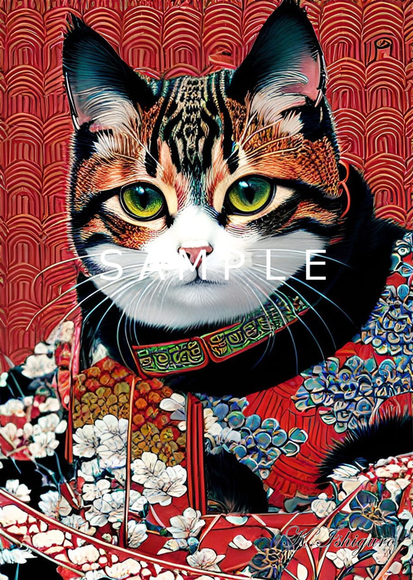 猫(現代浮世絵画)A4額付き №s-2244 イラスト shizennokaze 通販