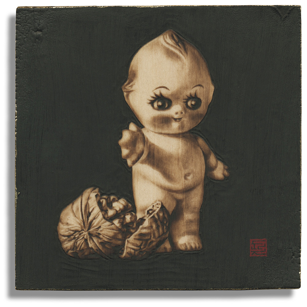 くるみ割り人形II　木材の焦げ色の濃淡で表現した絵画作品 38,000円