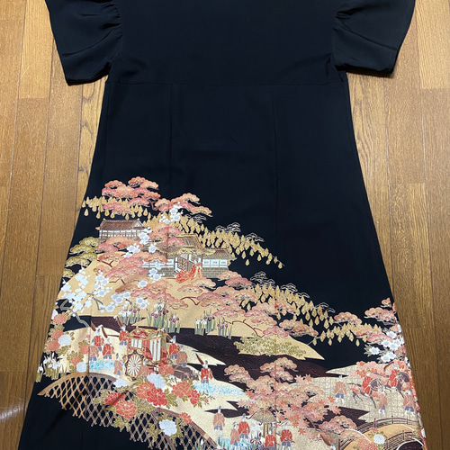 着物リメイク 黒留袖ドレス ギャザースリーブ Aライン ハンドメイド