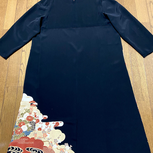着物リメイク 黒留袖ドレス 金茶 友禅染 Aライン ハンドメイド