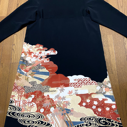 着物リメイク 黒留袖ドレス 金茶 友禅染 Aライン ハンドメイド