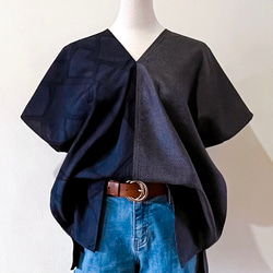Jul’s*唯衣* 日本藍色古董布料幾何線條撞色四方衣四角衣 第3張的照片