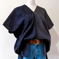 Jul’s*唯衣* 日本藍色古董布料幾何線條撞色四方衣四角衣 第7張的照片