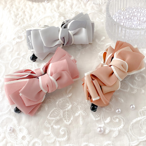 バナナクリップ♡バイカラー♡ミルフィーユリボン♡白フチラインリボン  