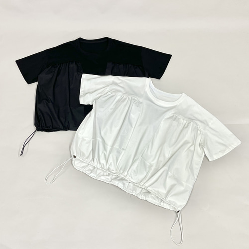 夏 Tシャツ レディース トップス 異素材ドッキング 裾ドロー
