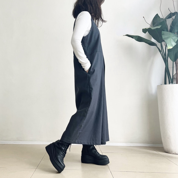 ゆったりサロペットパンツ♪　Cotton Linen Dark Grey 5枚目の画像