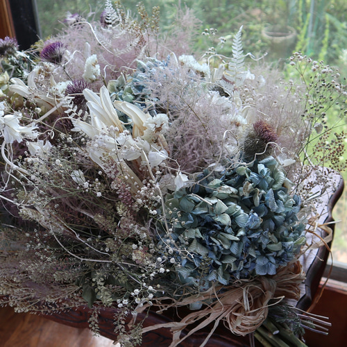 70cm) ＊特大＊くすみブルーのアンティークスワッグ/ドライフラワー  