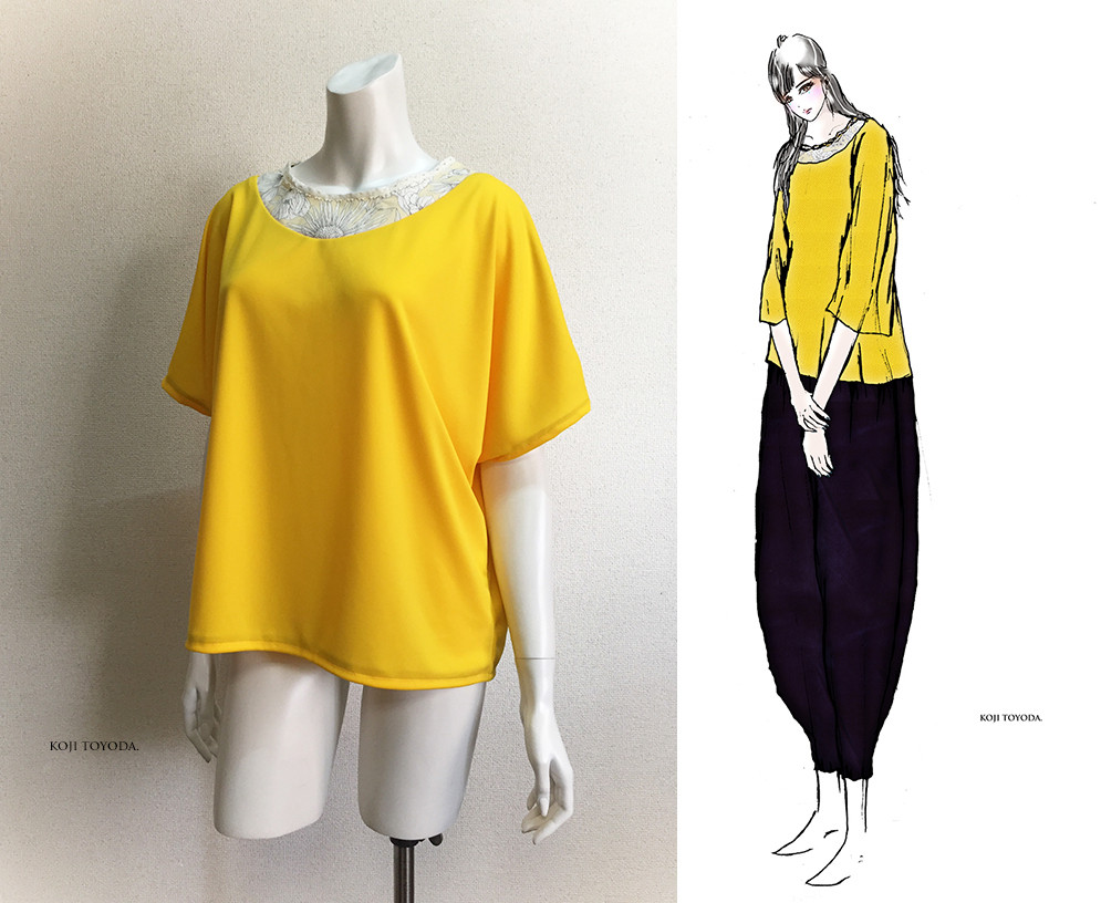 【1点もの・デザイン画付き】ボタニカルフラワー柄切り替えゆったりイエロートップス（KOJI TOYODA）