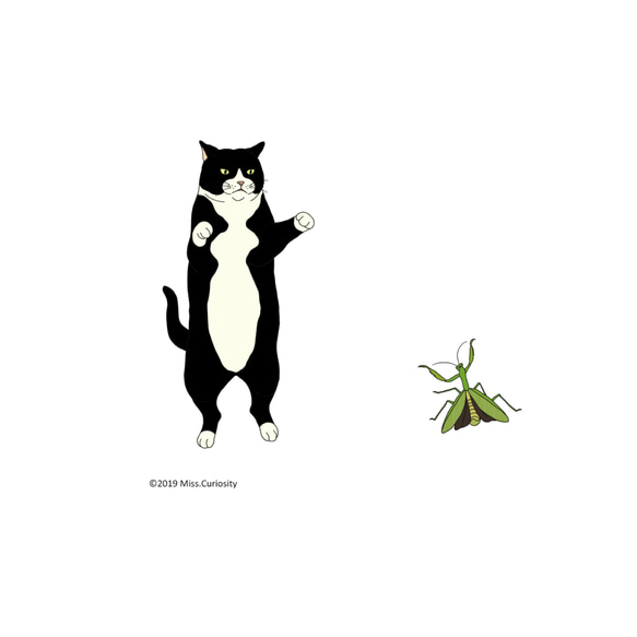 Tシャツ　白黒猫とカマキリ　白系 2枚目の画像