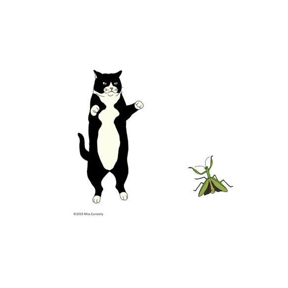Tシャツ　白黒猫とカマキリ　濃色系 2枚目の画像