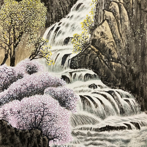 水墨画 山水 春 風景画 掛け軸 絵画 インテリア ピンク 絵画 水墨画 山水 春 風景画 掛け軸 絵画 インテリア ピンク 絵画