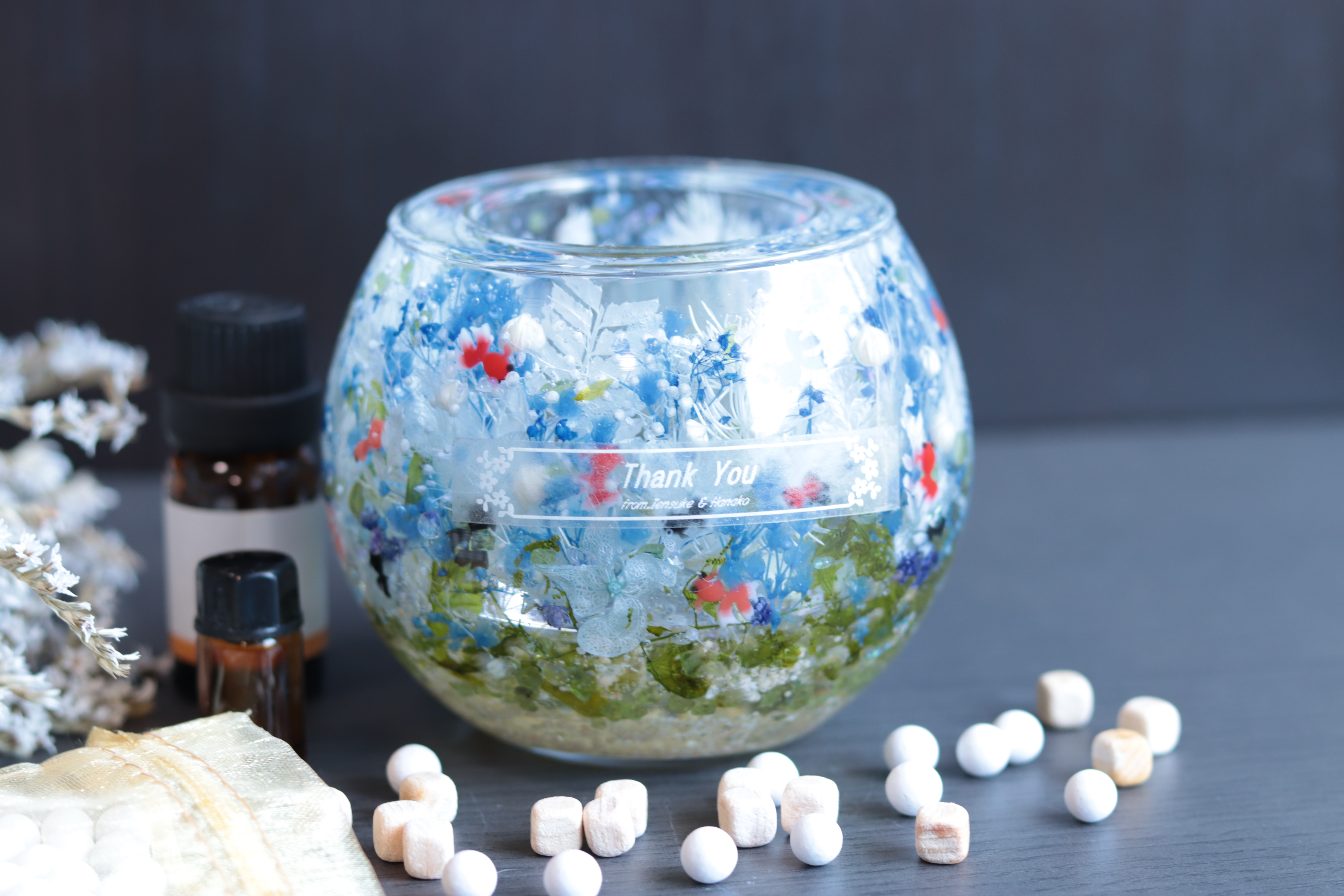 【選べるアロマストーン&檜キューブ】「金魚と水中花のペリドット金魚鉢」アロマホルダー＊固まるハーバリウム