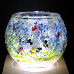 【選べるラベル】「金魚と水中花のペリドットの金魚鉢」キャンドルホルダー&木製LEDコースターセット＊固まるハーバリウム 1枚目の画像