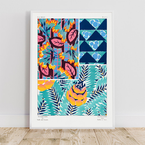 フラワーパターン / アートポスター 植物 葉 ヴィンテージイラスト