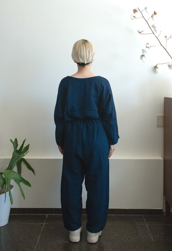 【藍染】Linen＆Organiccotton ゆったりプルオーバーとパンツセット【リネン混Wガーゼ】 5枚目の画像