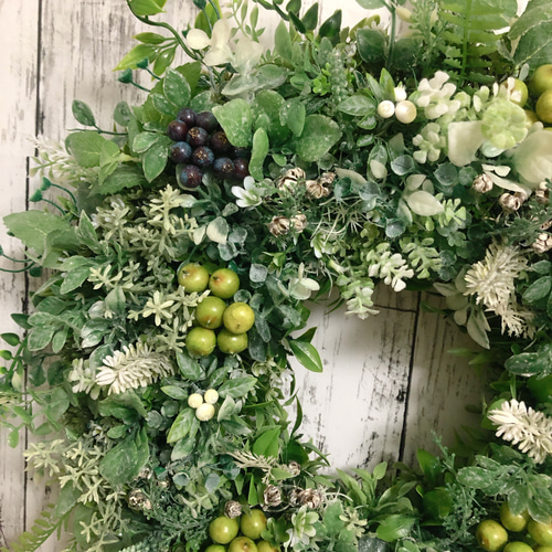 45cm特大 ベリーとグリーンのナチュラル風フラワーリース アーティ