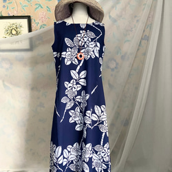 浴衣　茄子紺と白　臈纈染め　Aラインワンピース＆リボンベルト　着物リメイク　ハンドメイド 6枚目の画像