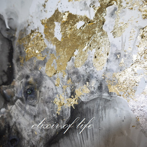 月光とサイ2023（墨絵、金箔、銀箔、高級水彩画用紙48cm