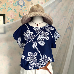 SALE 浴衣 茄子紺と白 Tブラウス 着物リメイク ハンドメイド